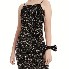 Girls Sparkling Black Sequin Velvet Bodycon Mini Dress with Bow - Spaghetti Strap Party Dress for Dance Recitals, Birthdays & Special Occasions, Birthday Celebration Outfit | Sleek Silhouette Design, Dresses for Girls