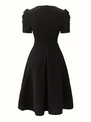 Women'S Stylish Red V-Neck Ruffle Swing Dress - Fitted, Short Sleeve, Belted, Perfect for Spring/Summer, Casual to Formal Attire, Casual Attire | Ruffle Detail | Vneckline Dress