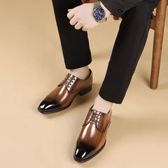 Men's Formal Business Wedding Oxford Derby Shoes - Low-Top Lace-Up Dress Shoes with Glossy Brown/Black Stripe, Pointed Toe & Rubber Sole - British Style for Office, Conference, Prom (No Maintenance Required)