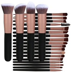 A set of 22 synthetic makeup brushes featuring black handles and rose gold ferrules.
