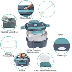 A green and grey electric lunch box with a stainless steel container, accessories, and carry bag.