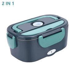 A rectangular electric lunch box with a dark grey body and green lid accents.