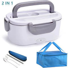 A white electric heating lunch box with a carrying handle, a blue insulated bag, and utensils.