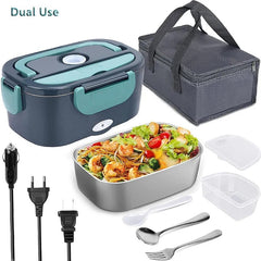 A portable electric lunch box with a stainless steel container, carrying bag, and power cords.