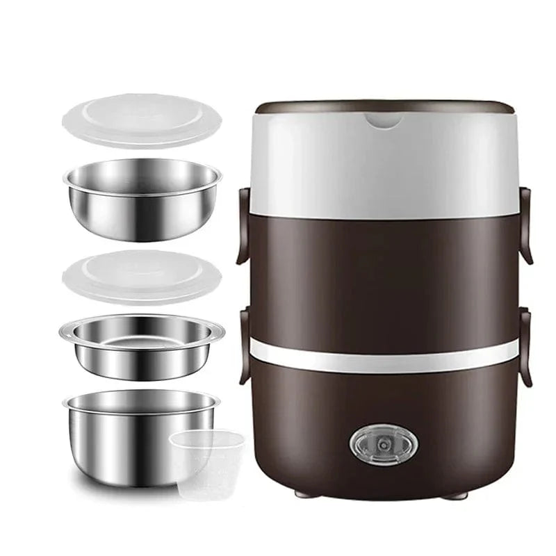 A brown and white electric portable lunch box with two stainless steel bowls and lids.
