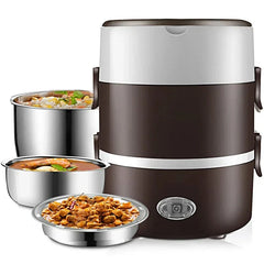 A portable electric heated lunch box with two stainless steel food containers.