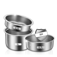 Three stainless steel food containers with capacities of 0.3L, 0.7L, and 1L.