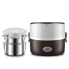 A portable electric lunch box with a brown base, white lid, and two stainless steel food containers.