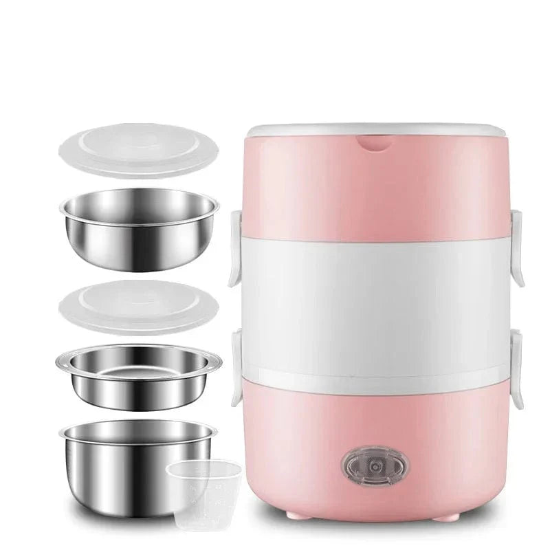 A pink electric portable lunch box with two stainless steel food containers and a measuring cup.