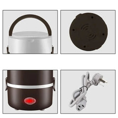 A portable electric lunch box with a brown exterior, a handle, and a detachable power cord.