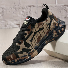 A lightweight running shoe with a camouflage knit upper and a patterned EVA sole.
