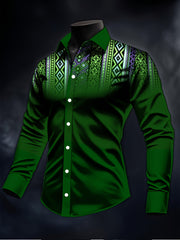 Men's Dark Green Ethnic-Style Long Sleeve Shirt with Colorful Geometric Print - Regular Fit Button-Up Casual Shirt, Machine Washable All-Season Top for Adults, Versatile Clothing, Exotic Design, Digital Print, Printed Blouse,