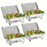 Four stainless steel rectangular chafing dishes with lids, each filled with salad.