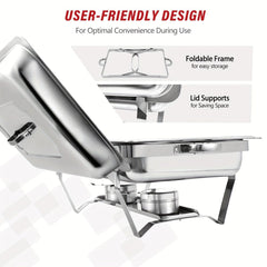 A stainless steel rectangular chafing dish with a foldable frame and lid supports.