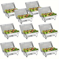A set of nine stainless steel rectangular chafing dishes filled with food.