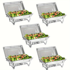 Five stainless steel rectangular chafing dishes with lids, food pans, and fuel holders.