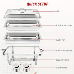 An exploded view of a stainless steel rectangular chafing dish set with its component parts.
