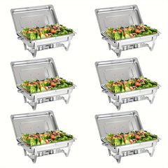 Six stainless steel rectangular chafing dishes with lids and fuel holders arranged in a grid.