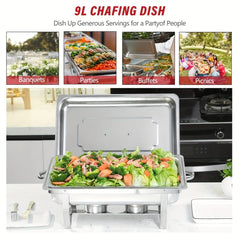 A stainless steel rectangular chafing dish with a lid, food pan, and fuel holders.
