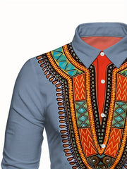 Men'S Elegant Mandala Print Long Sleeve Dress Shirt - Light Blue, Button-Up with Lapel Collar, Regular Fit for Formal or Casual Occasions, Nonstretch Fabric