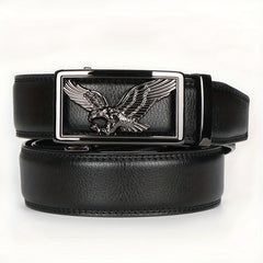 A black genuine leather belt featuring a rectangular buckle with a silver eagle emblem.