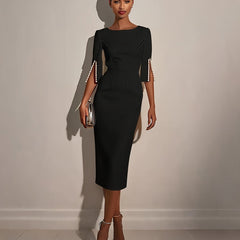 A black midi-length bodycon dress featuring a crew neck and half sleeves with pearl detailing.