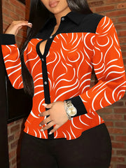 Women's Elegant Striped Button-Front Blouse - Orange & Black Contrast Design, Semi-Sheer Long Sleeve Shirt, Machine Washable All-Season Top for Casual & Formal Wear, Contrast Color Design, Structured Turndown Collar