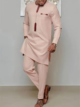 African Ethnic Style Men'S Casual Suit with Print Shirt, Slit Pants, and Drawstring Waist 2pcs Set