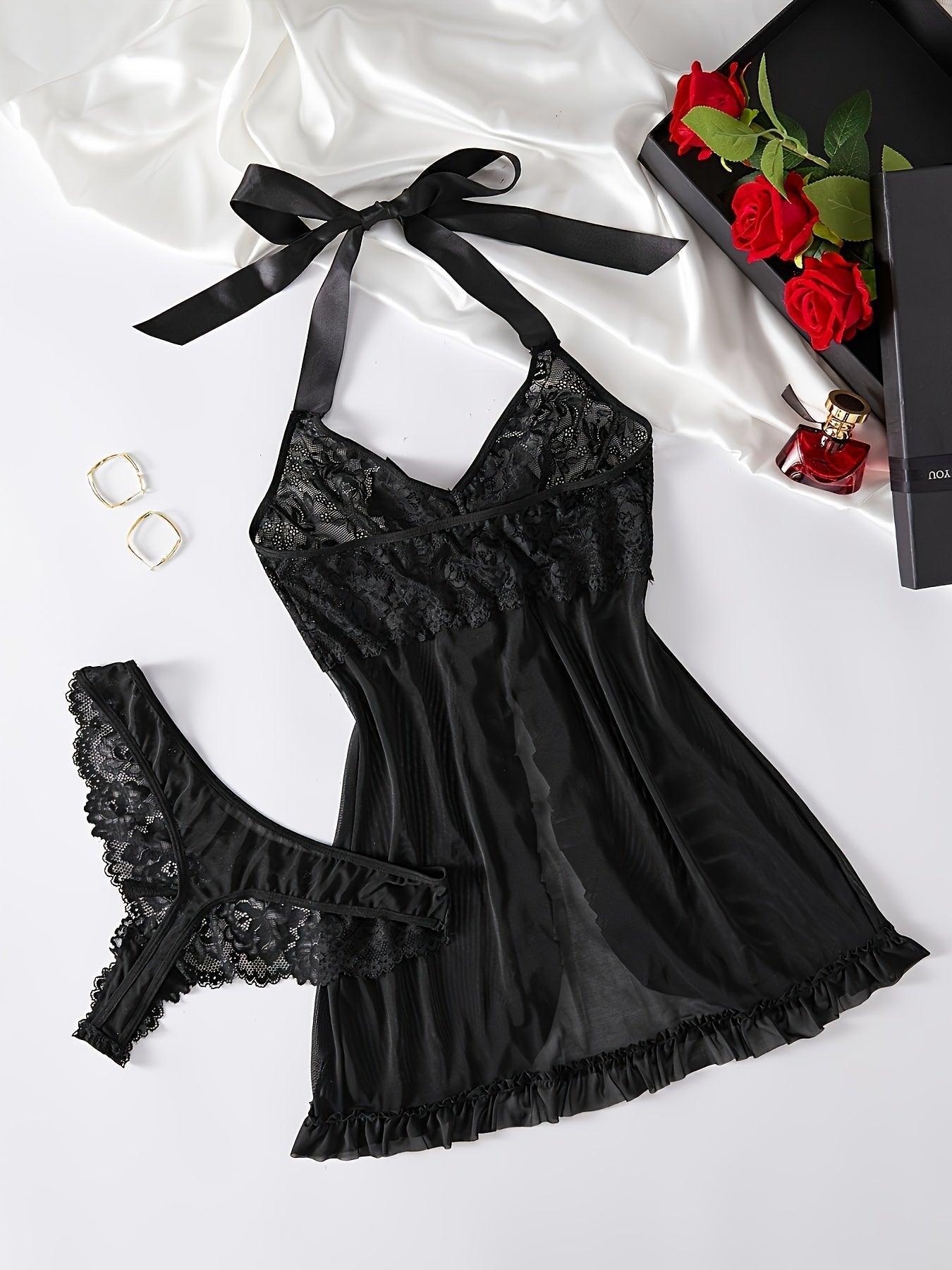 Alluring Halter Lace Lingerie Set for Women - Seductive Deep V Slip Dress with Adjustable Tie Neck, Split Ruffles & Bow Decor, Includes Matching Thong - A Feminine Boudoir Essential & Perfect Gift SHOWLU FASHION STORE