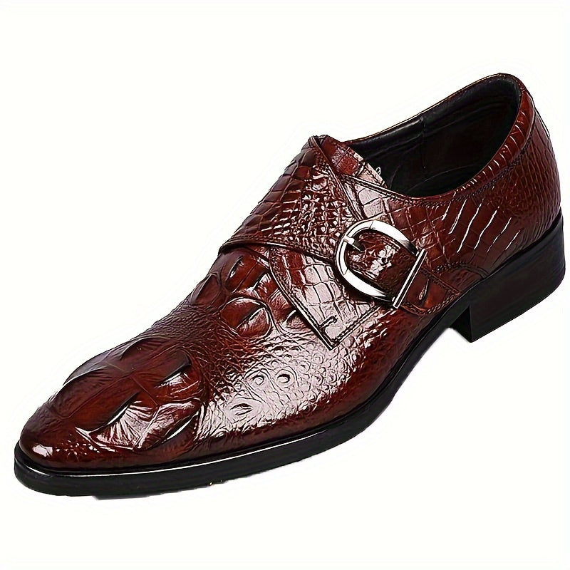A glossy red men's slip-on loafer with a crocodile print, pointed toe, and silver side buckle.