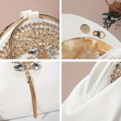 A white PU leather clutch purse featuring rhinestone embellishments, a gold tassel, and a magnetic closure.