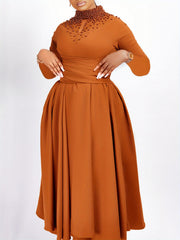 Plus Size Women's Elegant Beaded Turtleneck Bodycon Dress - Vibrant Red Long Sleeve Floor-Length Gown for Spring/Summer, Machine Washable Formal & Casual Occasion Dress, Spring Fashion Wear, Autumn Elegance Wear, Sophisticate