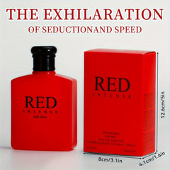 A red bottle and matching box of Red Intense eau de parfum for men with dimensions labeled.