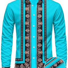 Men'S Long Sleeve Ethnic Style Shirt - Vibrant Turquoise with Black & Golden Floral Pattern, Button-Up Collar, Non-Stretch Fabric, Perfect for Spring/Fall Casual Wear, Spring Fashion Shirt | Floral Pattern Shirt | Nonstretch