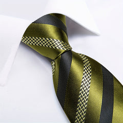 Men's Green Striped Silk Tie Set with Pocket Square, Hanky, and Cufflinks - Herringbone Pattern, Ideal for Weddings and Formal Events