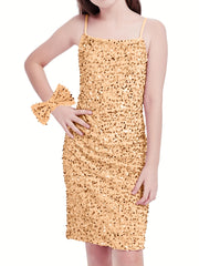 Girls Sparkling Black Sequin Velvet Bodycon Mini Dress with Bow - Spaghetti Strap Party Dress for Dance Recitals, Birthdays & Special Occasions, Birthday Celebration Outfit | Sleek Silhouette Design, Dresses for Girls