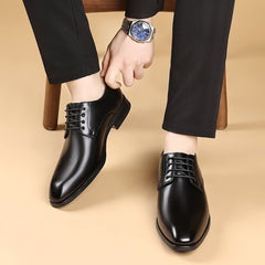 Men's Formal Business Wedding Oxford Derby Shoes - Low-Top Lace-Up Dress Shoes with Glossy Brown/Black Stripe, Pointed Toe & Rubber Sole - British Style for Office, Conference, Prom (No Maintenance Required)