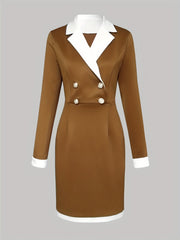 A brown long-sleeved bodycon dress with a white lapel, cuffs, hem, and four front buttons.