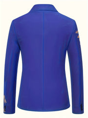 A back view of a blue men's business suit jacket with a lapel collar and buttoned cuffs.