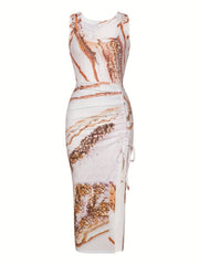 A sleeveless white midi dress featuring a golden abstract print, side drawstring, and high slit.