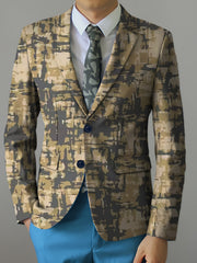 A man wears a regular fit party blazer featuring a brown and tan abstract print with a notched lapel.