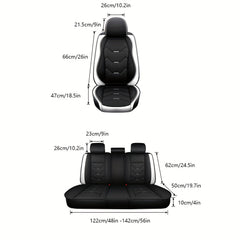 A set of black and white faux leather car seat covers with dimensions shown for front and rear seats.