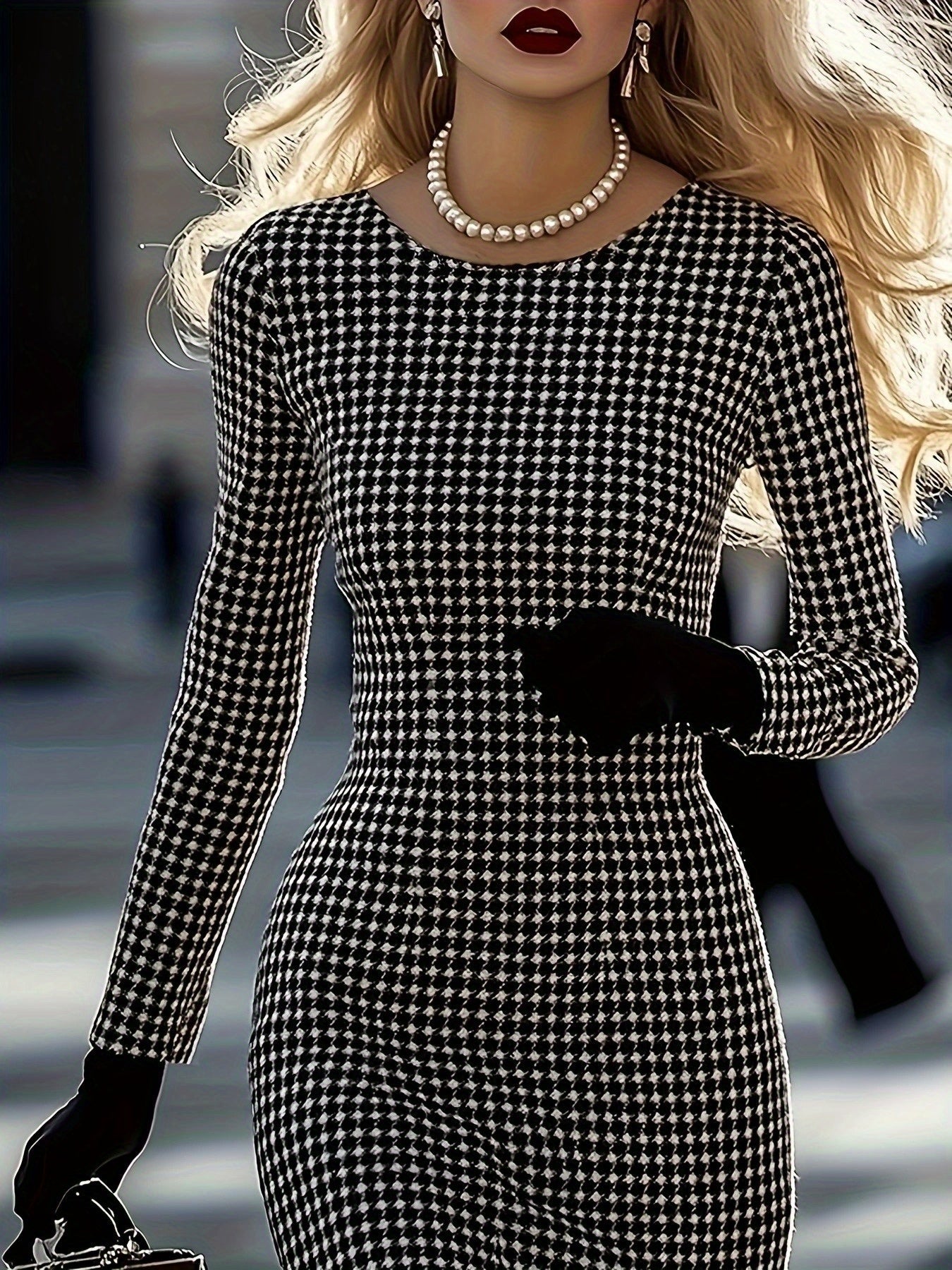 A woman wears a fitted, long-sleeve black and white houndstooth dress with a crew neckline.