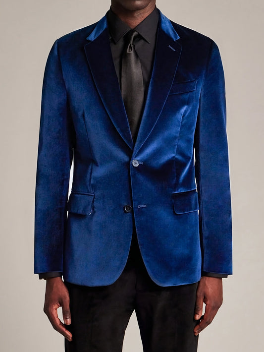 Men's Elegant Velvet Blazer - Royal Blue, Long Sleeve, Double-Breasted with Pockets, Notched Lapel, Perfect for Fall and Winter Formal Events SHOWLU FASHION STORE