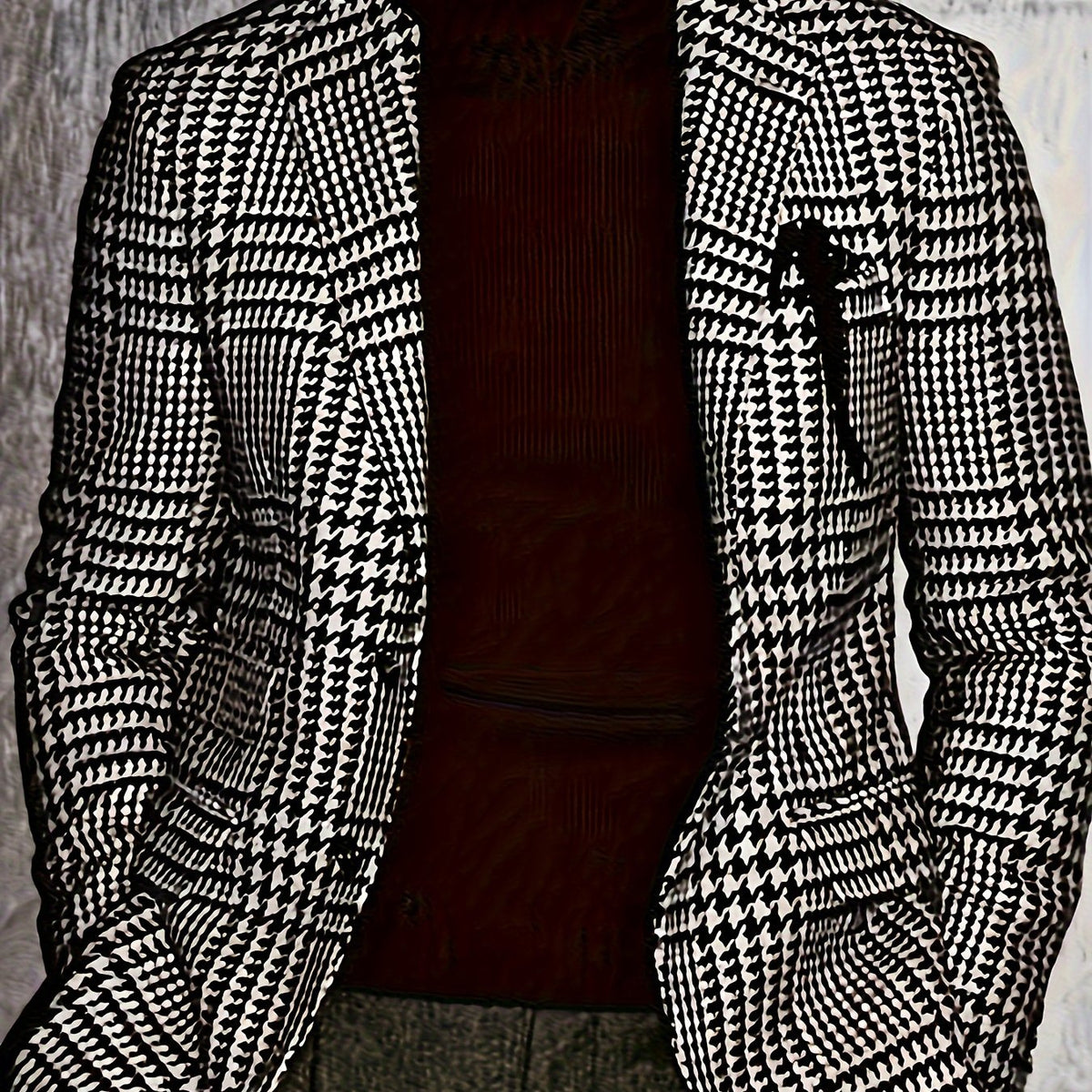 1pc Men'S Classic Houndstooth Blazer - Casual Polyester Suit Jacket with Lapel Collar, Button Details, Woven Fabric, Non-Stretch - Regular Fit for Spring/Fall Season