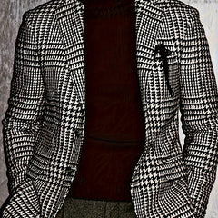 1pc Men'S Classic Houndstooth Blazer - Casual Polyester Suit Jacket with Lapel Collar, Button Details, Woven Fabric, Non-Stretch - Regular Fit for Spring/Fall Season
