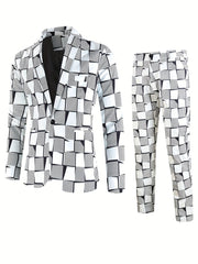 A two-piece suit featuring a blazer and trousers with a black and white geometric digital print.