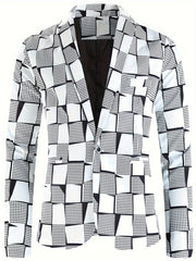A single-button blazer featuring a black and white geometric digital print pattern.