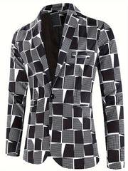 A men's casual blazer featuring a black and white geometric pattern of squares and dots.