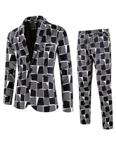 A two-piece suit featuring a blazer and trousers with a black and white geometric digital print.